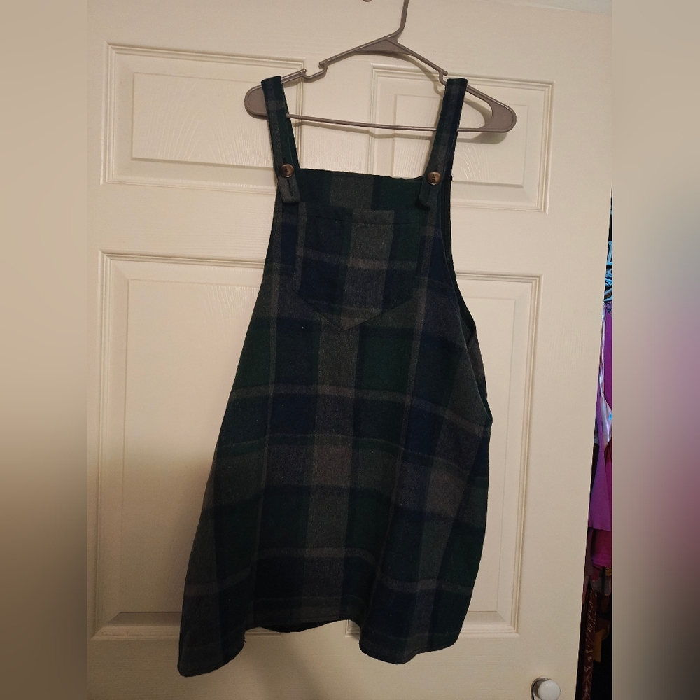 Green Plaid Overall Dress